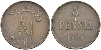 РОССИЯ ДЛЯ ФИНЛЯНДИИ 5 ПЕННИ 1901 НИКОЛАЙ II (1894-1917) KM 15, Биткин 445 медь 4539-246