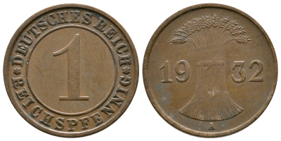 ГЕРМАНИЯ 1 РЕЙХСПФЕННИГ 1932 A KM 37, J. 313 бронза 4380-1225
