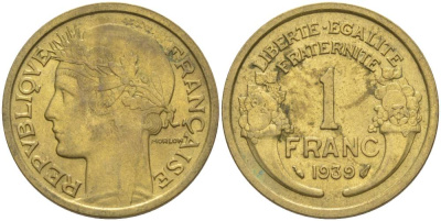Франция 1 франк 1939 тип Морлон KM 885, LE FRANC 219.10 алюминиевая бронза 3853-155