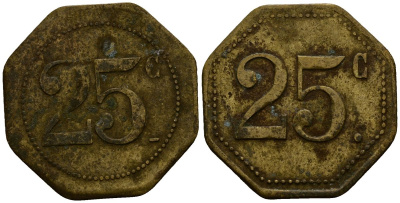 Франция 25 сантимов XIX-XX век ресторанный жетон латунь 4166-547