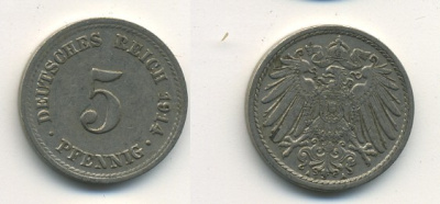 ГЕРМАНИЯ 5 ПФЕННИГОВ 1914 A, KM 11, J. 12 медно-никель 54-647