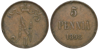 Россия для Финляндии 5 пенни 1898 Николай II (1894-1917) KM 15, Биткин 443 медь 51-721