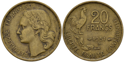 Франция 20 франков 1951 B, Петух KM 917.1 алюминиевая бронза 4159-935