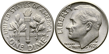 США 10 ЦЕНТОВ = 1 ДАЙМ 1979 D, РУЗВЕЛЬТ KM 195а медь плакированная медно-никелем 53-215