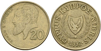 Кипр 20 центов 1992 KM 62.2 никель латунь 4140-822