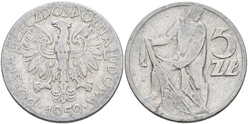 Польша 5 злотых 1959 MW, рыбак KM 47 алюминий 4572-344