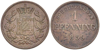 Бавария 1 пфенниг 1859 Максимилиан II (1848-1864) КМ 471 медь 441-313