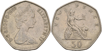 Великобритания 50 пенсов 1969 Елизавета II (1952-2022) KM 913, Spink 4223 (H1) медно-никель 4583-1235