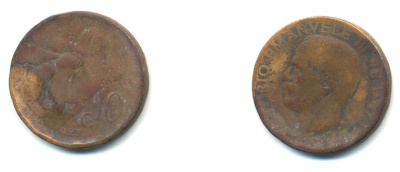 ИТАЛИЯ 10 ЧЕНТЕЗИМО 1923 R, ВИКТОРИО ЭМАНУИЛ, ПЧЕЛА KM 60 медь 80-1211