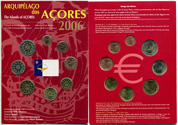 Португалия евронабор из 8 монет 2006 серия Португальские территории, архипелаг Азорские острова, в красивом буклете, официальный выпуск BUNC 7-4-1-7