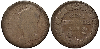 ФРАНЦИЯ 5 САНТИМОВ LAN8 G KM 640.6 бронза 413-3232