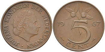 НИДЕРЛАНДЫ 5 ЦЕНТОВ 1967 ЮЛИАНА KM 181 бронза 214-668