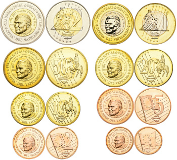 Ватикан набор из 8 монет 2003 probe, essai, европробники большого формата, в капсулах и буклете, Иоанн Павел II (1978-2003) PROOF 3-6-4-42