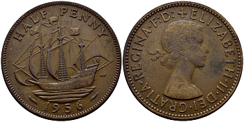 Великобритания 1/2 пенни 1956 Елизавета II (1952-2022) KM 896, Spink 4158 бронза 51-2037