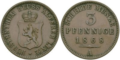 РЕЙС-ШЛАЙЦ 3 ПФЕННИГА 1868 А KM 76 медь 4127-845