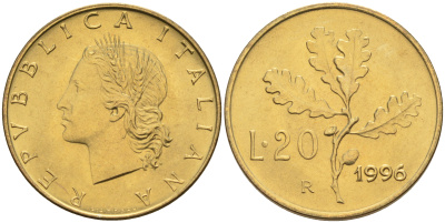 Италия 20 лир 1996 R, дубовый лист KM 97.2 алюминиевая бронза  UNC  4594-1039