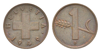 Швейцария 1 раппен 1949 B KM 46 бронза 4630-523