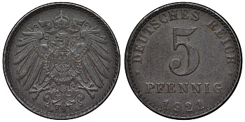 Германия 5 пфеннигов 1921 A KM 19, J. 297, Weege 5 железо 4118-1114