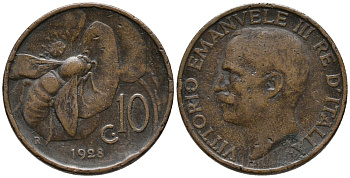 Италия 10 чентезимо 1928 R, Виктор Эммануил III (1900-1946), пчела KM 60 бронза 34-1226