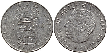 Швеция 1 крона 1973 Густав VI Адольф (1950-1973) KM 826а медь плакированная медно-никелем 4395-613