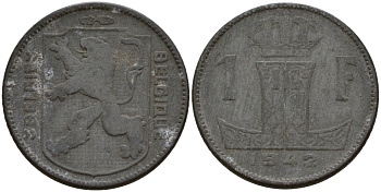 Бельгия 1 франк 1942 Belgique - Belgie, Леопольд III (1934-1947), германская оккупация, Вторая мировая война KM 127 цинк 4161-435