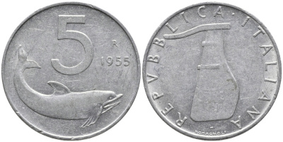 ИТАЛИЯ 5 ЛИР 1955 R, РУЛЬ, ДЕЛЬФИН KM 92 алюминий 89-734