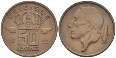 БЕЛЬГИЯ 50 САНТИМОВ 1955 BELGIQUE, БОДУЭН I (1951-1993) KM 144 бронза 116-1012
