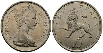 Великобритания 10 пенсов 1976 Елизавета II (1952-2022) KM 912, Spink 4231 (F1) медно-никель 4384-844