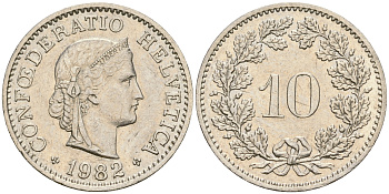 Швейцария 10 раппенов 1982 KM 27 медно-никель 4364-1355