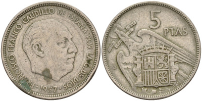 Испания 5 песет 1957 (59) Франсиско Франко (1939 - 1975) KM 786 медно-никель 4155-524