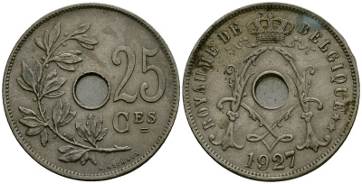 Бельгия 25 сантимов 1927 Belgique KM 68 медно-никель 4165-536