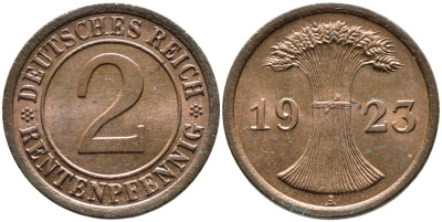 ГЕРМАНИЯ 2 РЕНТЕНПФЕННИГА 1923 A, ВЕЙМАРСКАЯ РЕСПУБЛИКА (1919-1933) KM 31, Jager 307, Weege 3 бронза aUNC 4546-815