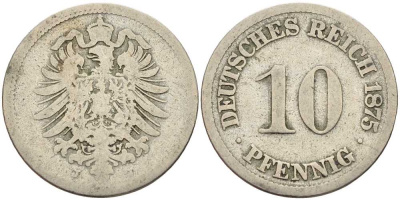 ГЕРМАНИЯ 10 ПФЕННИГОВ 1875 J, СТАРОГЕРБОВКА KM 4, J. 4 медно-никель 4401-241