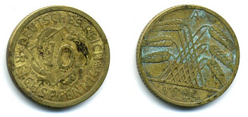 ГЕРМАНИЯ 10 РЕЙХСПФЕННИГОВ 1926 A KM 40, J. 317, Weege 9 алюминиевая бронза 56-945