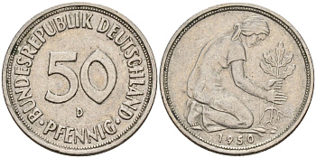 ФРГ 50 пфеннигов 1950 D KM 109, J. 384 медно-никель 4176-653