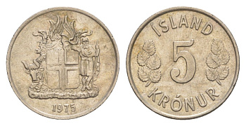 Исландия 5 крон 1975 KM 18 медно-никель aUNC 4632-965