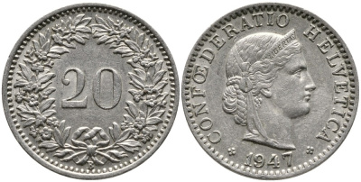 ШВЕЙЦАРИЯ 20 РАППЕНОВ 1947 В KM 29а медно-никель 4539-546