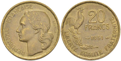 ФРАНЦИЯ 20 ФРАНКОВ 1951 ПЕТУХ, 4 ПЕРА KM 917.1, LE FRANC 402.7 алюминивая бронза 175-644