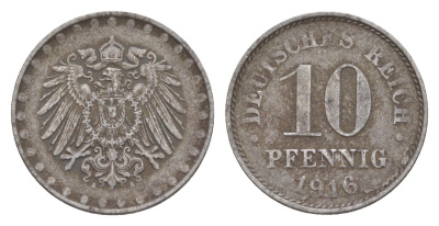 Германия 10 пфеннигов 1916 A, Вильгельм II (1888-1918) KM 20, J. 298 железо 4640-337