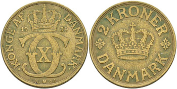 ДАНИЯ 2 КРОНЫ 1939 N; GJ, КРИСТИАН X (1912-1947) KM 825.2 алюминиевая бронза 38-434