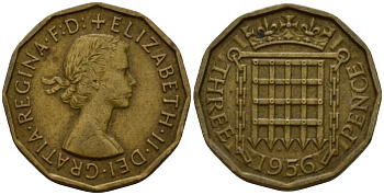 Великобритания 3 пенса 1956 Елизавета II (1952-2022) KM 900, Spink 4153 никель латунь 4601-441