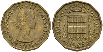 Великобритания 3 пенса 1956 Елизавета II (1952-2022) KM 900, Spink 4153 никель латунь 4146-341