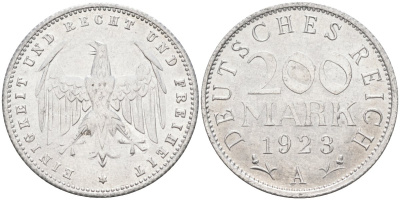 Германия 200 марок 1923 A KM 35, J. 304, Weege 22 алюминий UNC 4586-236