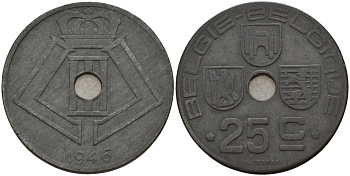 Бельгия 25 сантимов 1946 Belgie - Belgique, Леопольд III (1934-1947), германская оккупация, Вторая мировая война KM 132 цинк 4157-715
