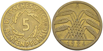 ГЕРМАНИЯ 5 РЕНТЕНПФЕННИГОВ 1924 A KM 43, J. 308, Weege 6 алюминиевая бронза 206-762