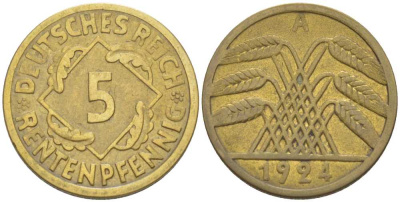 ГЕРМАНИЯ 5 РЕНТЕНПФЕННИГОВ 1924 A KM 43, J. 308, Weege 6 алюминиевая бронза 206-762