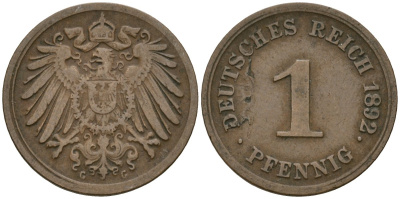 Германия 1 пфенниг 1892 G, Вильгельм II (1888-1918) KM 10, J. 10 медь 4608-218