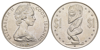 Острова Кука 1 доллар 1983 статуя бога Тангароа (полинезийский бог морской стихии) KM 7 медно-никель UNC 4184-234