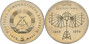 ГДР 5 марок 1973 125 лет со дня рождения Отто Лилиенталя, пионер авиации KM 43 медно-никель UNC 11-183-15