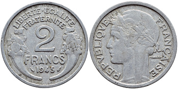 ФРАНЦИЯ 2 ФРАНКА 1945 KM 886а.1 алюминий 4397-735